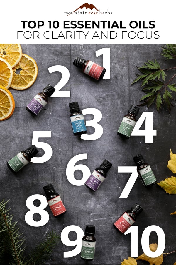 Infographic showing 10 essential oils for clarity and focus