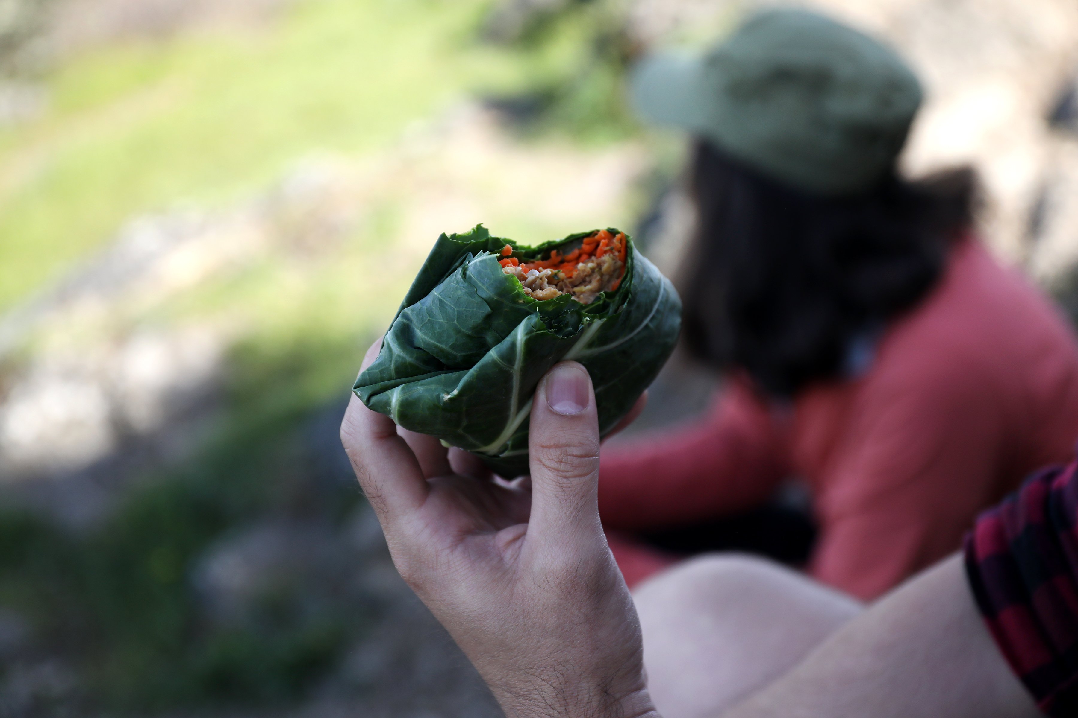 Hikers enjoying a vegan falafel wrap after a day of hiking in the Pacific North West. Fresh collard greens, falafel, and vegetables wrapped into a to-go treat.