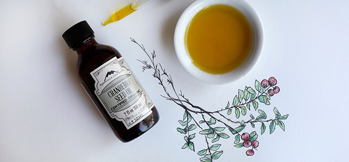 Bottle of cranberry seed oil with hand drawing of the cranberry plant and bowl of poured oil