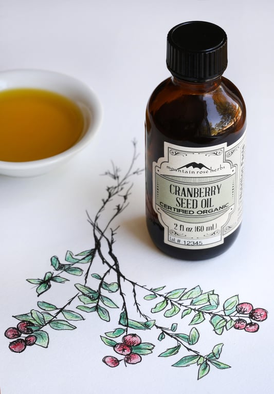 Bottle of organic cranberry seed oil with hand drawing of the cranberry plant and a bowl of oil in backround