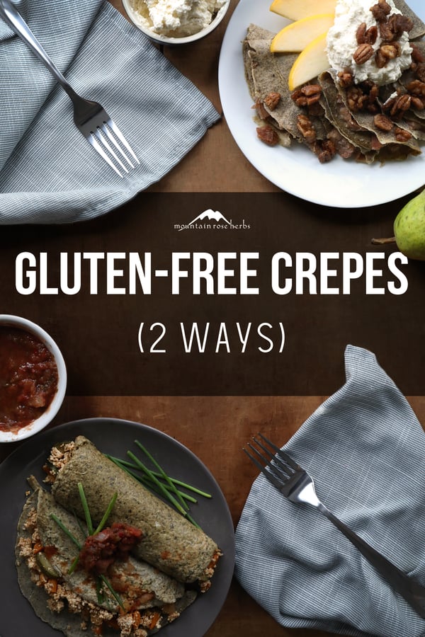 Gluten-Free Coconut Buckwheat Crepes +Sweet and Savory Breakfast Crepes Recipes Pinterest pin for Mountain Rose Herbs