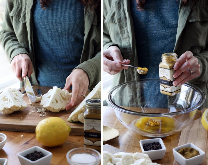 Photos of person cooking curried cauliflower with ingredients and knife and vegetables