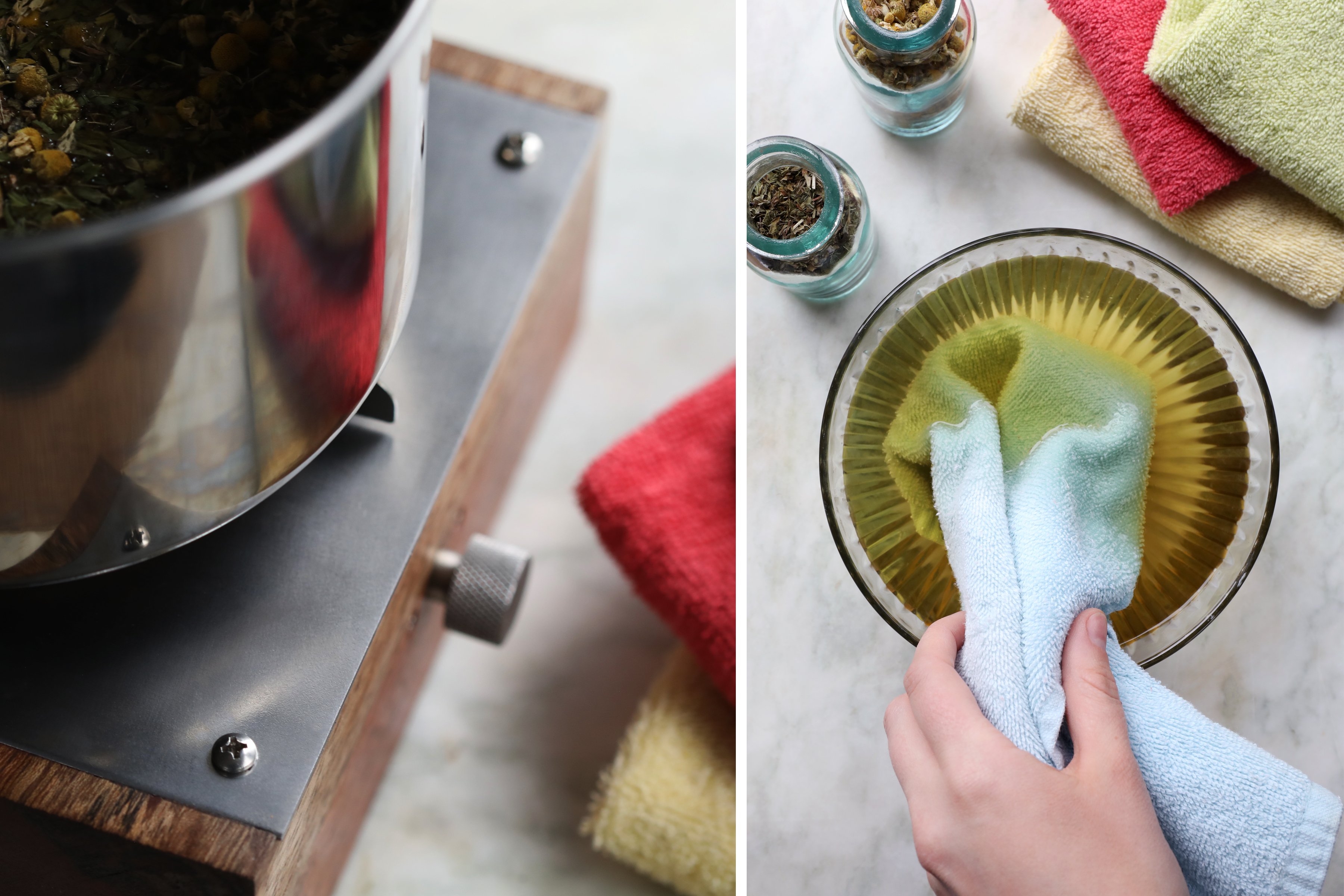 Photo of a wooden electric burner with a pot of simmering herbs on it along side of a photo of a hand dipping a cloth into golden colored liquid.