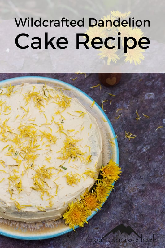 Dandelion Flower Cake recipe Pinterest pin from Mountain Rose Herbs.