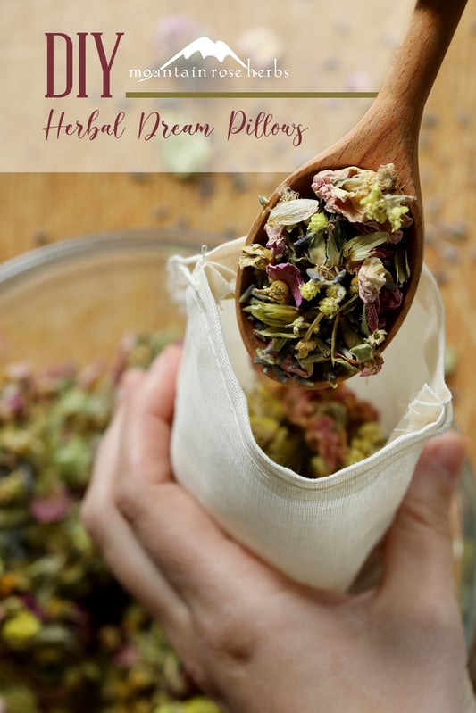 Pinterest link to Mountain Rose Herbs. Filling a cotton muslin bag with herbal ingredients for a diy dream pillow to aid in restful sleep. Hops flowers, rose buds, helichrysum and chamomile flowers lend a soothing aroma throughout the night.