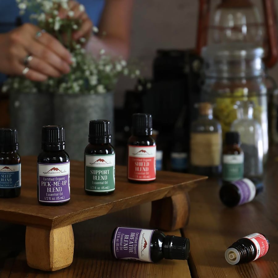 Mountain Rose Herbs supportive essential oil blends on display