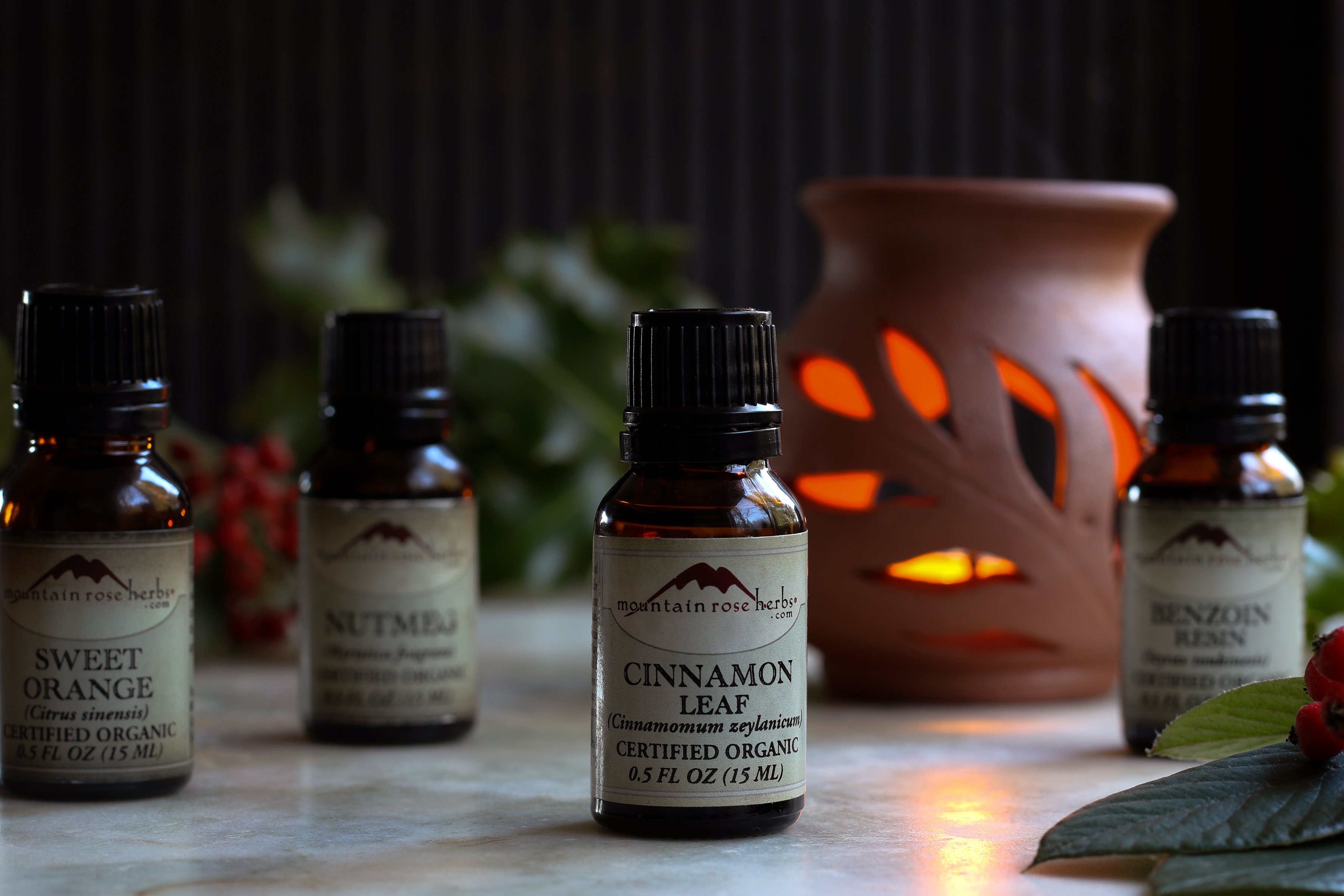 Different essential oils used to blend holiday themed aromas for use around the house. A terra cotta essential oil diffuser in the background is lit with a beeswax tea light. Cinnamon leaf essential oil, benzoin resin essential oil, sweet orange essential oil, and nutmeg essential oil. 