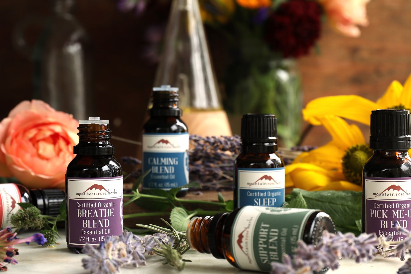 A variety of Mountain Rose Herbs supportive essential oil blends laid out on a table with sprigs of lavender.