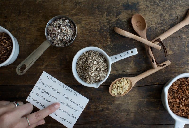 Hand with finger pointing to tea blending recipe with recipe ingredients on table