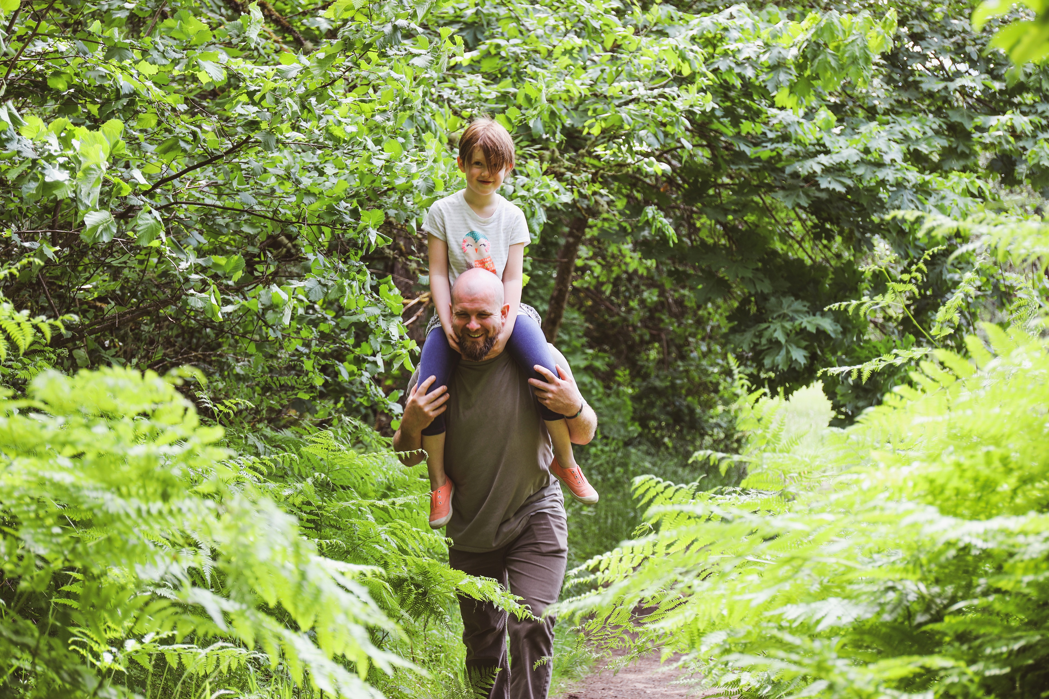 Girl sitting on father's shoulders walking through forest trails, hiking