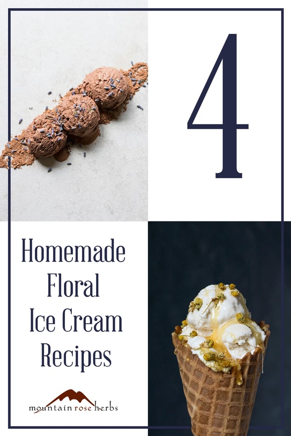 Pinterest link to Mountain Rose Herbs. Floral ice cream recipes. Chocolate ice cream with lavender flowers. Chamomile and honey syrup ice cream cone. 