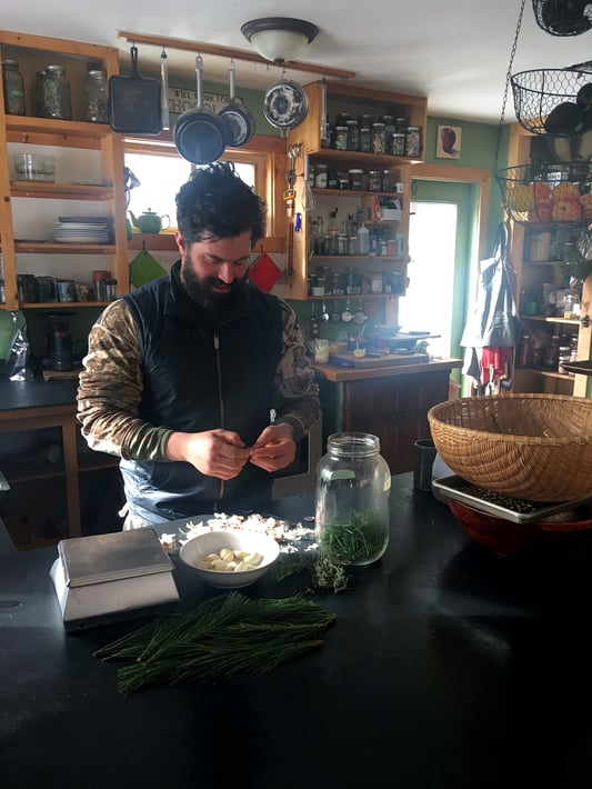 Bearded man in warm, rustic home kitchen making a preparation with fresh herbs