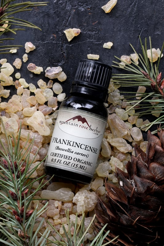 Mountain Rose Herbs Frankincense essential oil laying in a pile of frankincense resin and pinecone