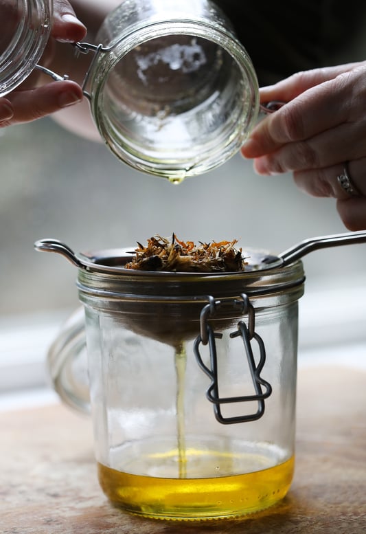 Hands holding mason jars pouring oil to strain arnica flowers from infusion