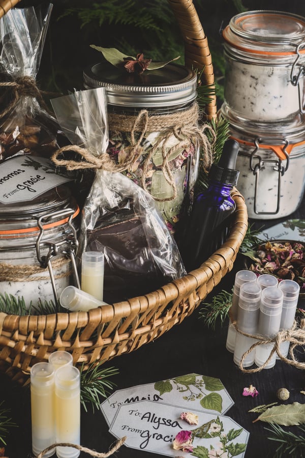 Gift basket filled with homemade gifts. 