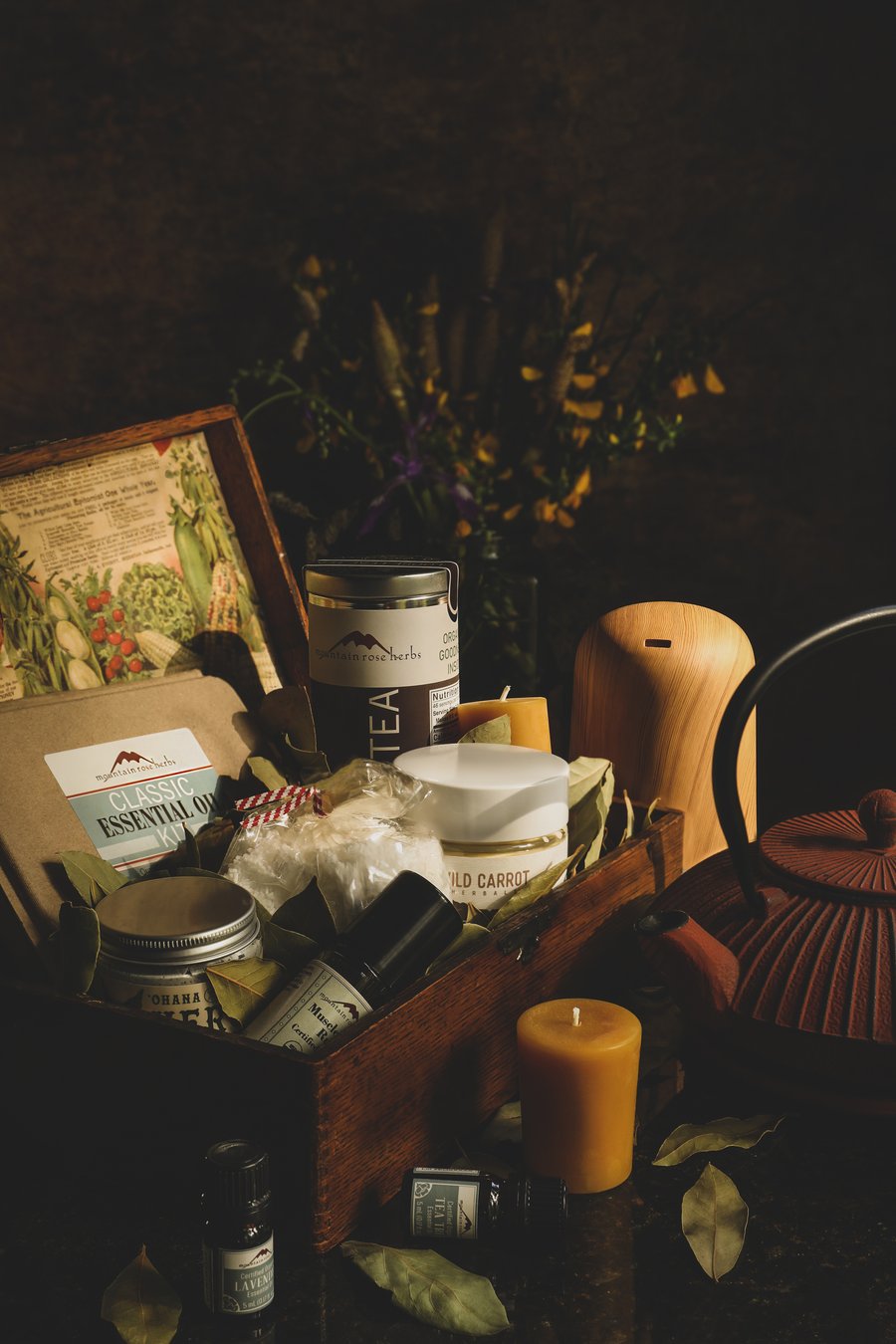 A Mother's Day gift basket with an assortment of items to promote self care.