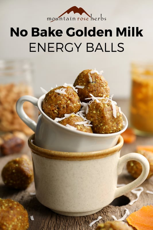 Golden milk energy bites Pinterest pin from Mountain Rose Herbs