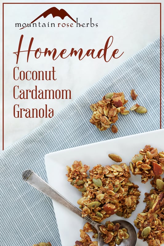 Pinterest link to Mountain Rose Herbs. A plate of homemade granola using cardamom, vanilla, and coconut. Pepitas and almonds also are featured in this tasty, easy DIY granola recipe. 