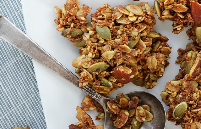 Coconut Vanilla Cardamom Granola made with organic spices and ingredients for a healthy snack at home or on the go. 