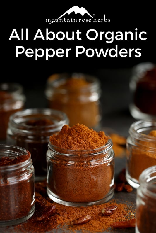 A variety of chili powders arranged in clear glass jars. Paprika, cayenne, habanero, bird's eye chili, and chipotle powders in various shades of red and brown. 