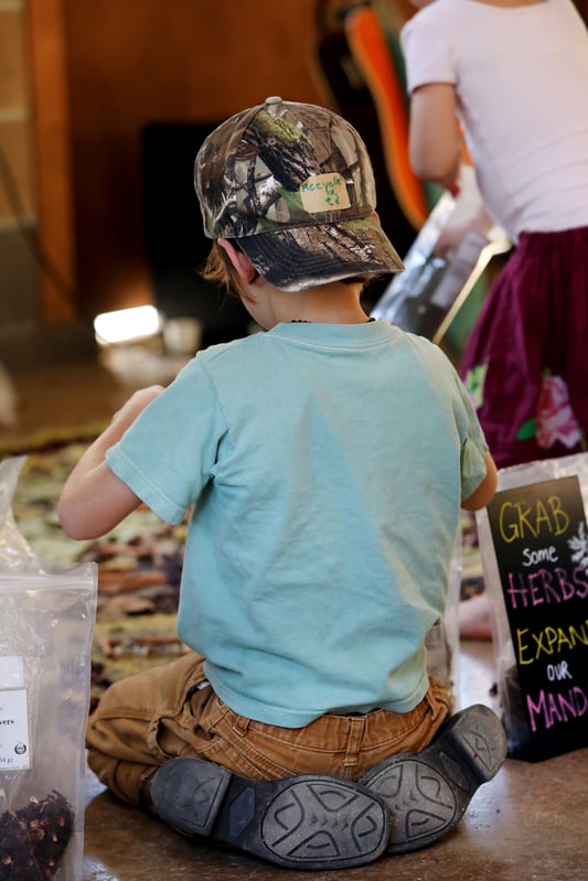 Child kneeling on the ground playing with dried herbs at the Mountain Rose Herbs Free Herbalism Project.