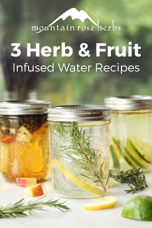 Pinterest pin for herb and fruit infused waters, including clear pint jars of water infused with balsam, lemon, lime and peaches.