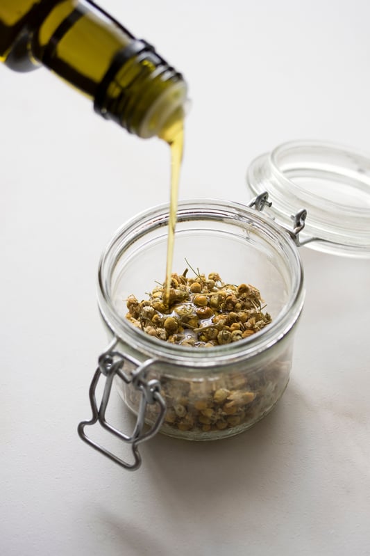 Oil being poured into glass jar with chamomile flowers.