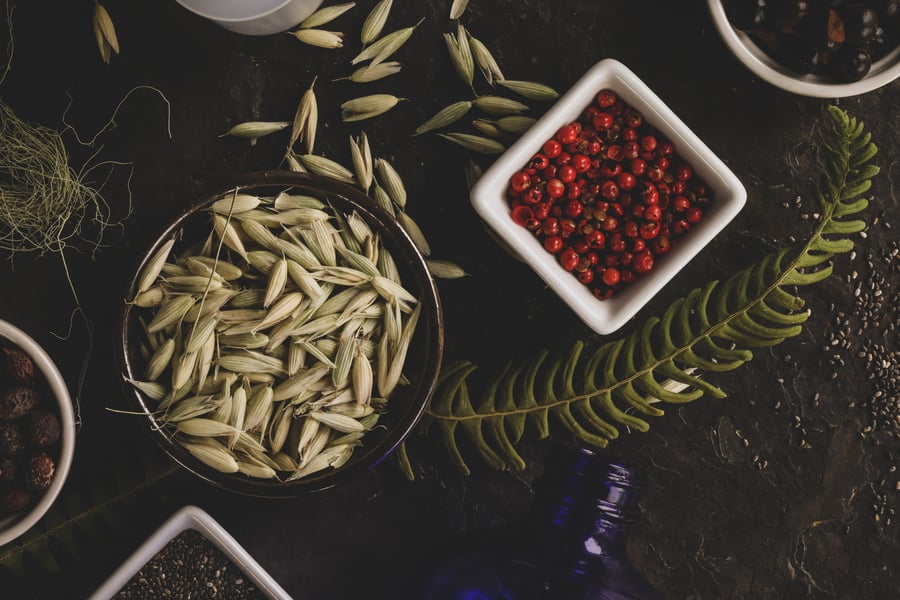 bowl and square container containing herbs on dark background