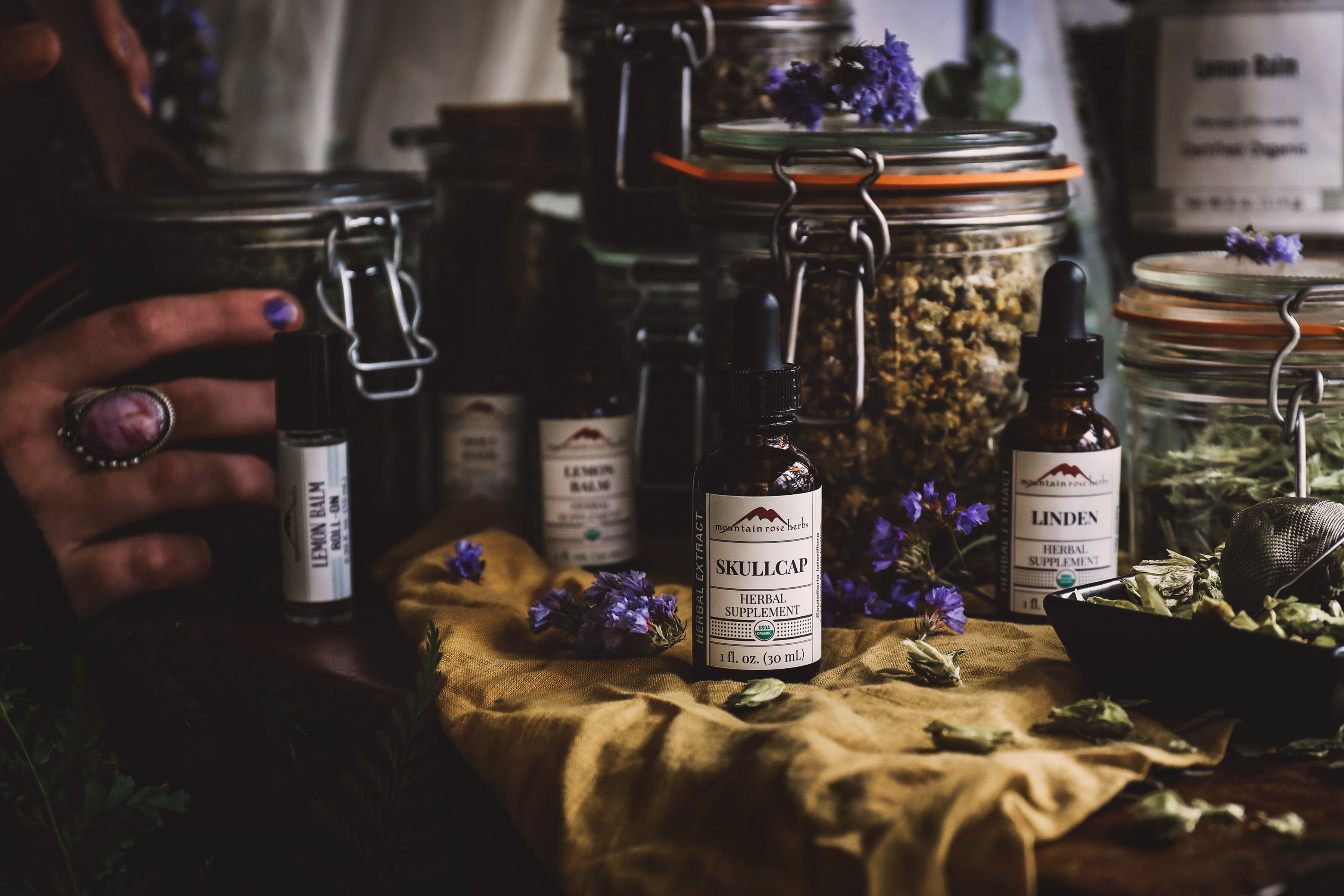 Bottles of Herbal Extracts surrounded by vibrant botanical ingredients. 
