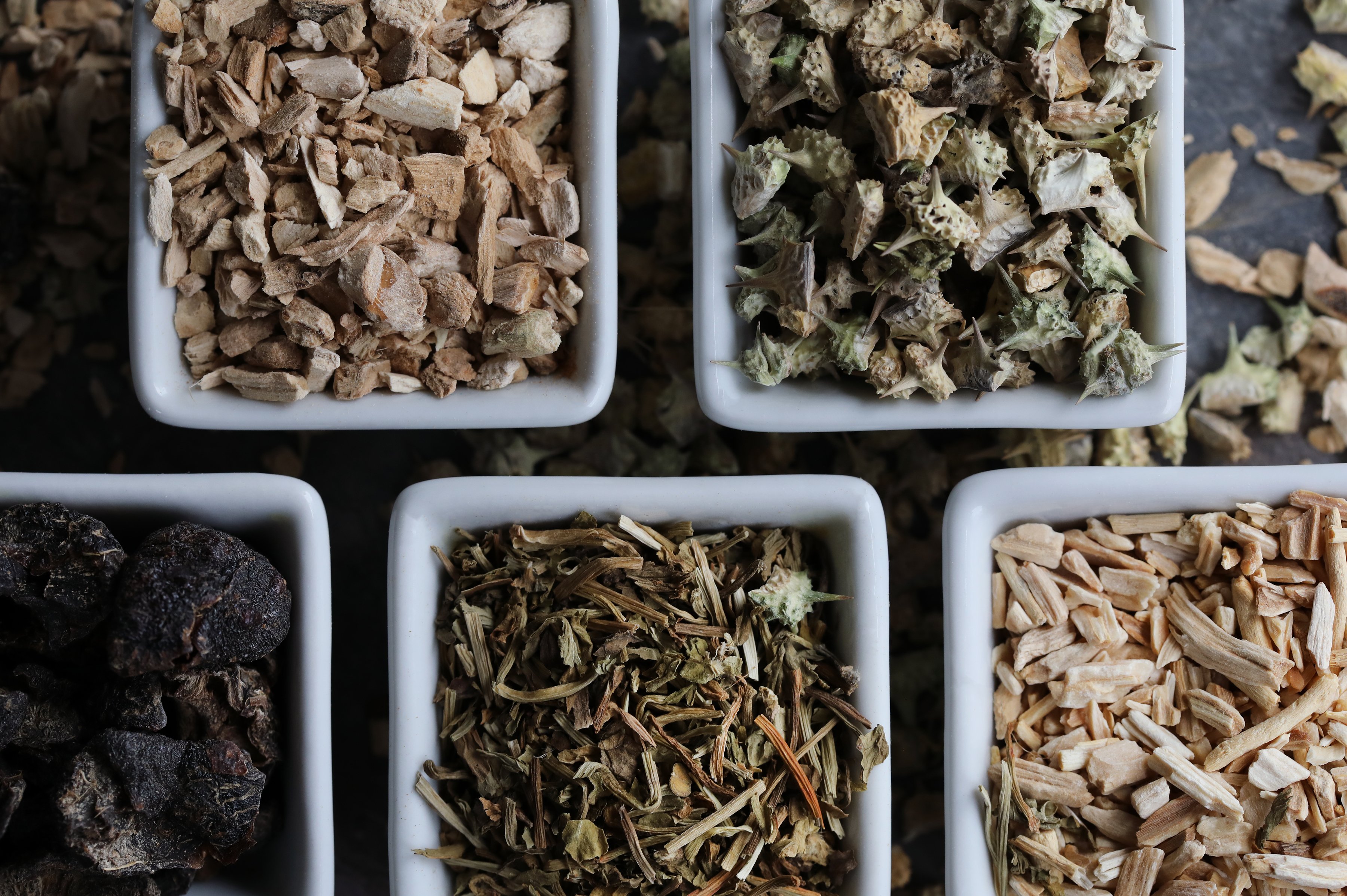 Several square bowls are filled to the brim with traditional Ayurvedic herbs. 