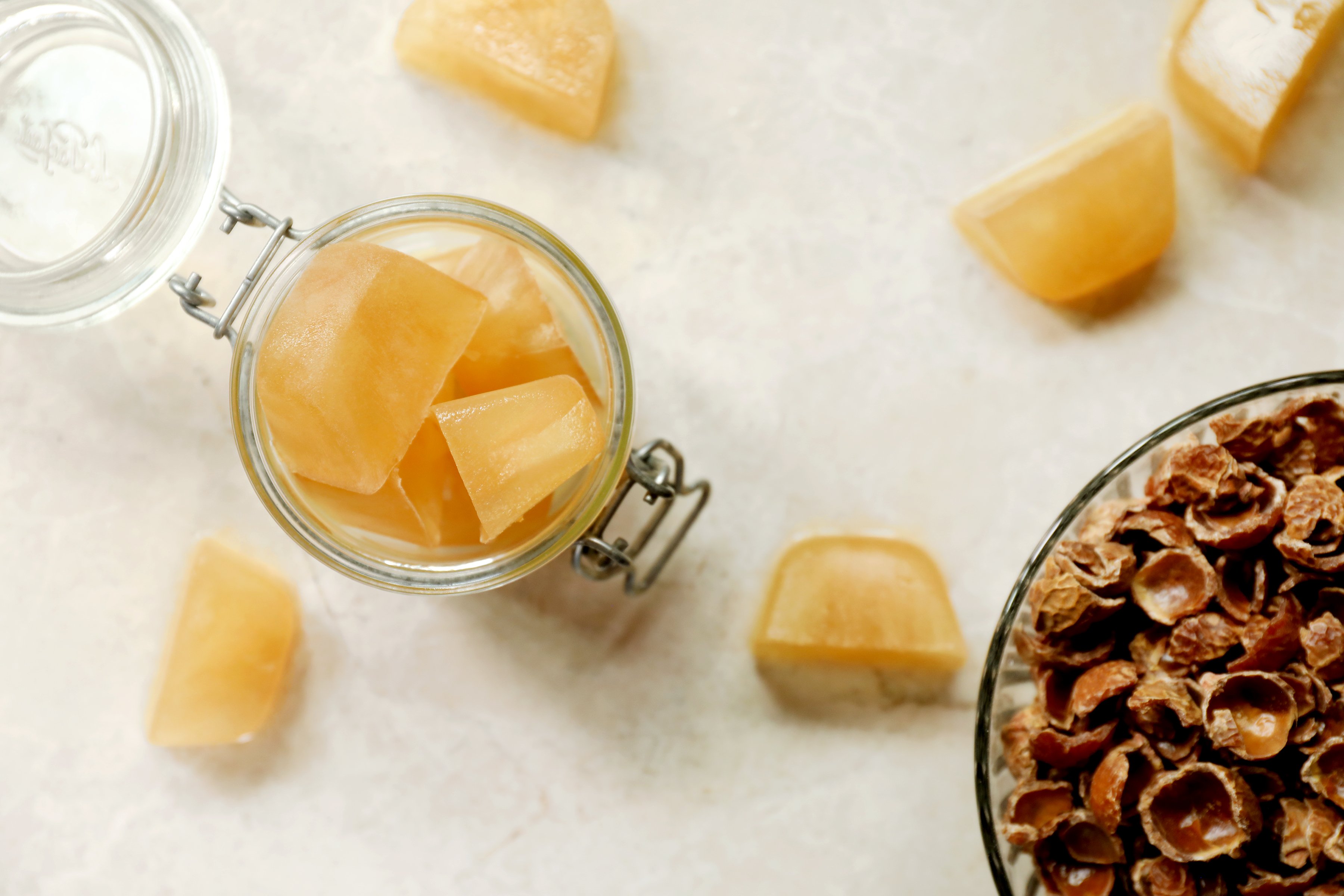 Bowl of soap nuts and soap nut ice cubes