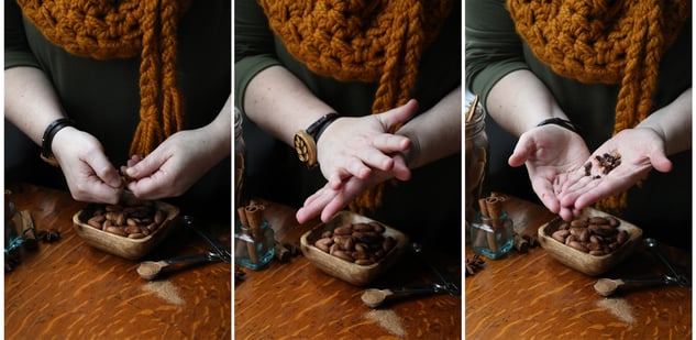 Hands rubbing and crushing whole cacao beans Hands rubbing and crushing whole cacao beans