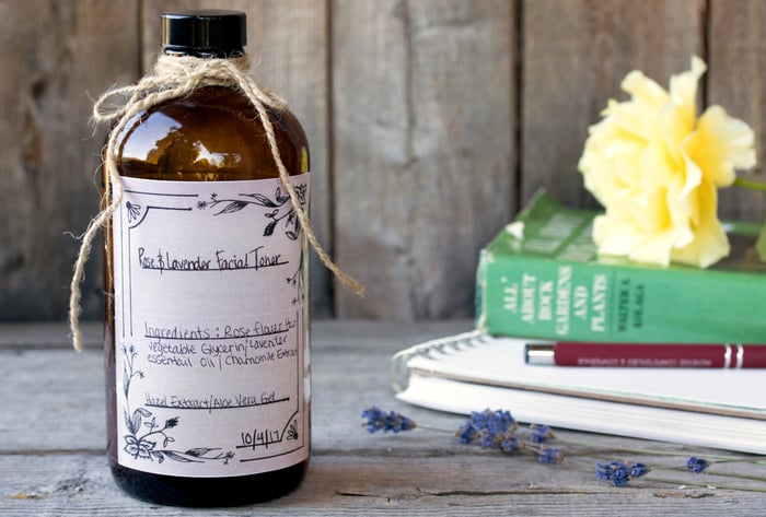 Handmade label on bottle of Rose and Lavender Facial Toner