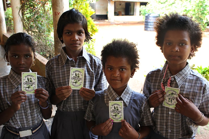 Children from rural Indian village in new school uniforms holding Mountain Rose Herbs stickers.