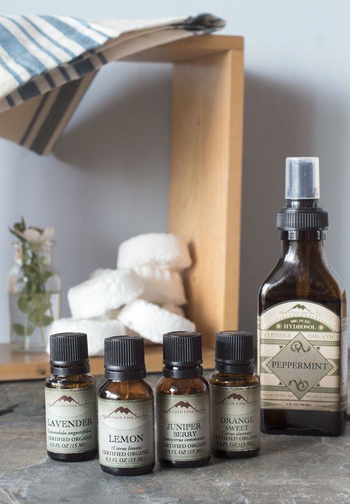 Essential oils and peppermint hydrosol in the bathroom