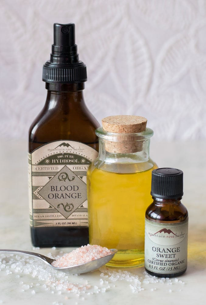 Hydrosols, essential oils, oil, and salt to make aromatic bath oil
