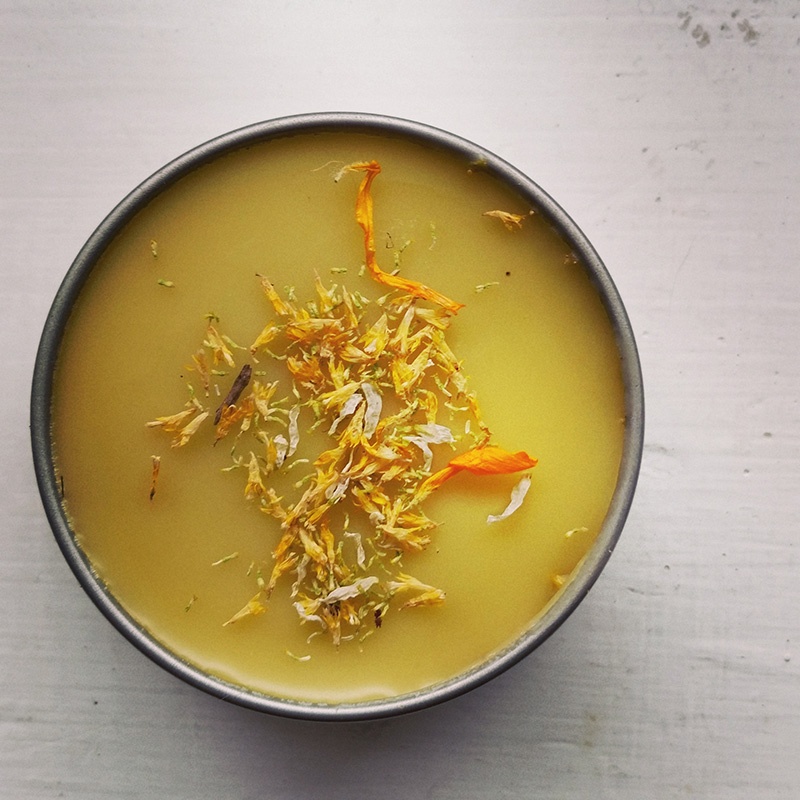 Calendula herbal salve in metal tin sprinkled with petals