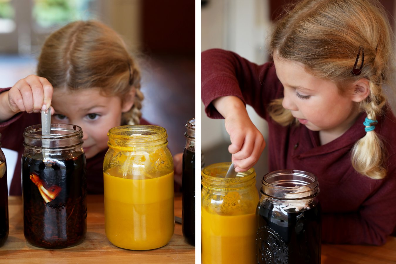 Child soaking dye bags