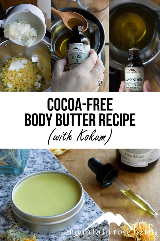 Pin for cocoa-free body butter recipe with kokum butter from Mountain Rose Herbs