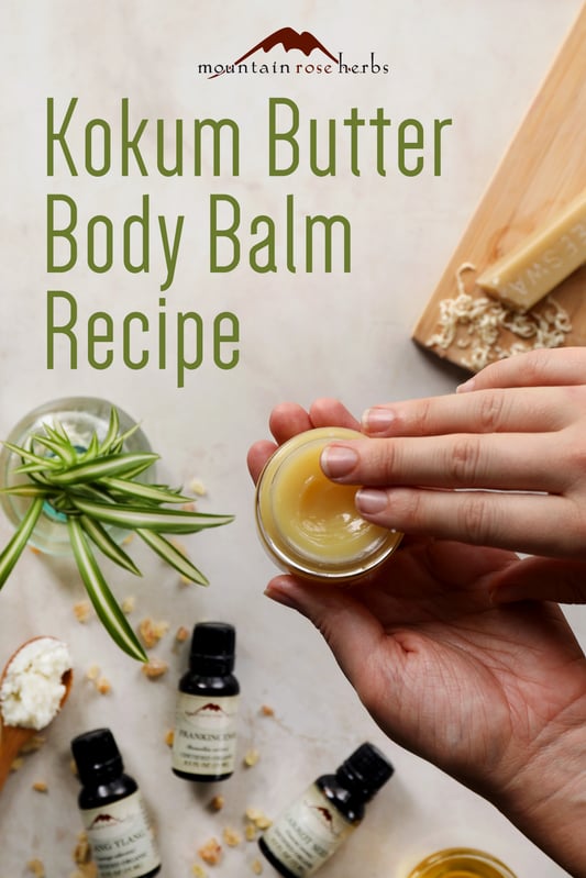 Finished kokum butter salve is a light golden color, similar to organic frankincense resin pieces. Creamy body balm with shea butter and jojoba oil is excellent for drying skin. 