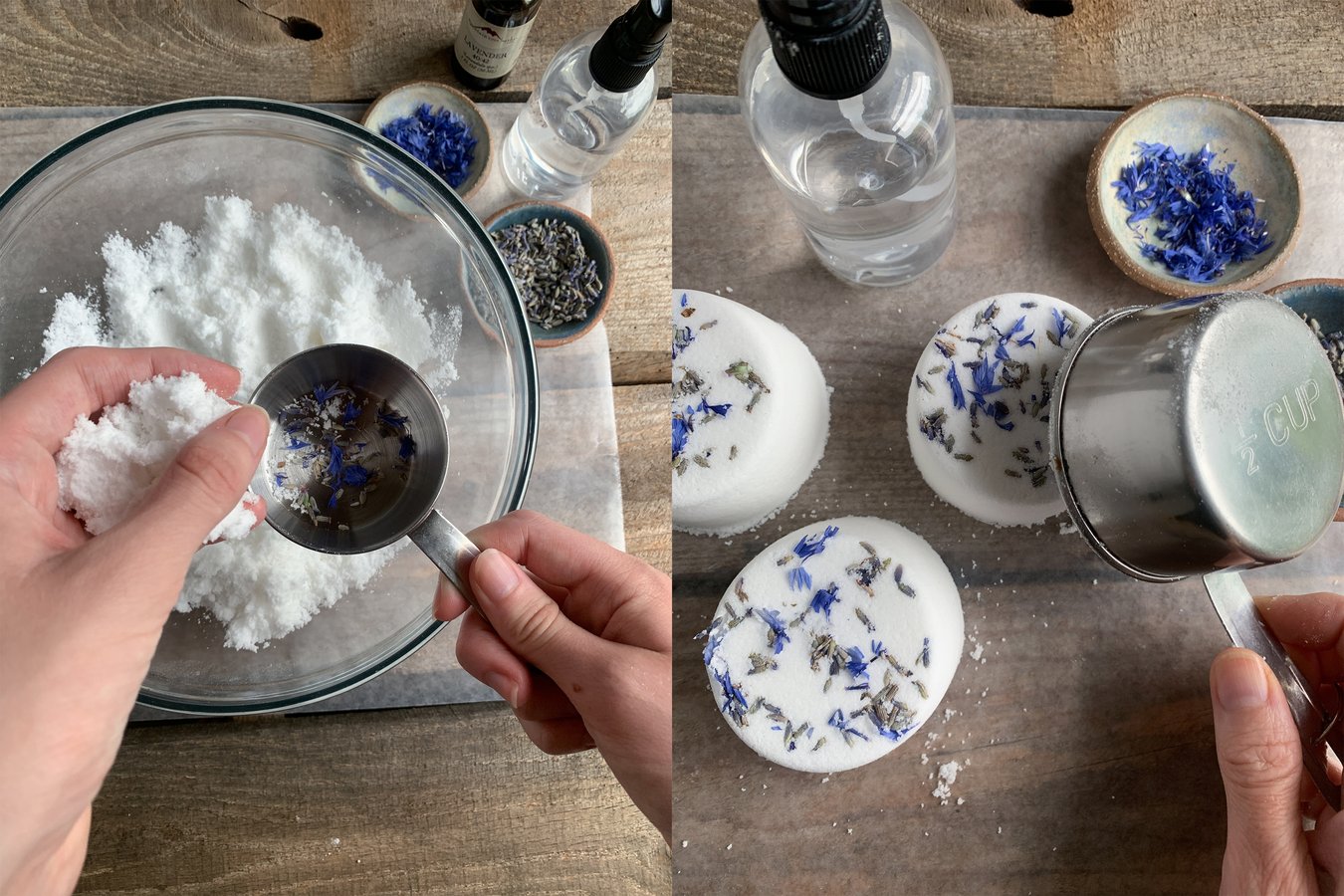 A person making lavender bath bombs, mixing the ingredients in a bowl, forming the bath bombs with a measuring cup, with fresh lavender sprinkled on top