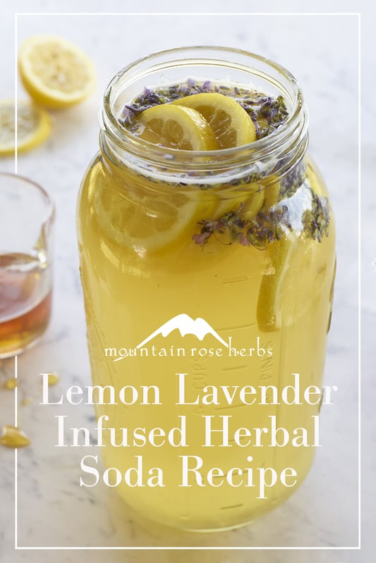 A large clear mason jar filled to the brim with finished lemon lavender herbal soda and garnished with fresh slices of lemon and lavender flowers on a white marble countertop.