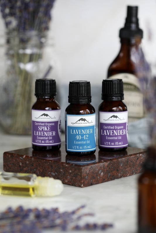 Organic lavender essential oil variations come in Lavender, Spike Lavender, and standardized lavender 40-42. Perfect for aromatherapy and formulating DIY skin care products.