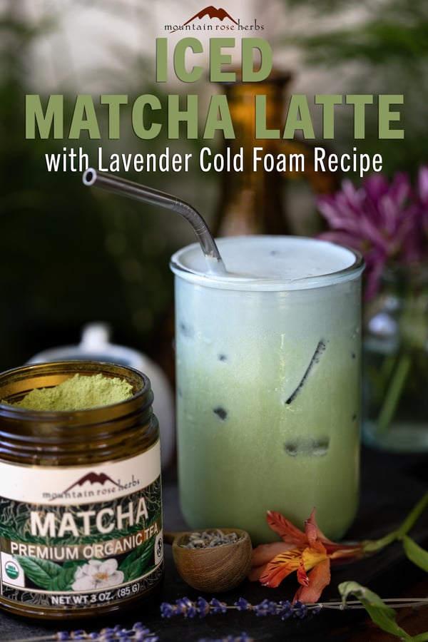 A jar of matcha powder and a lavender oat milk matcha latte. Text at the top of the photo says Iced Matcha Latte with Lavender Cold Foam Recipe.