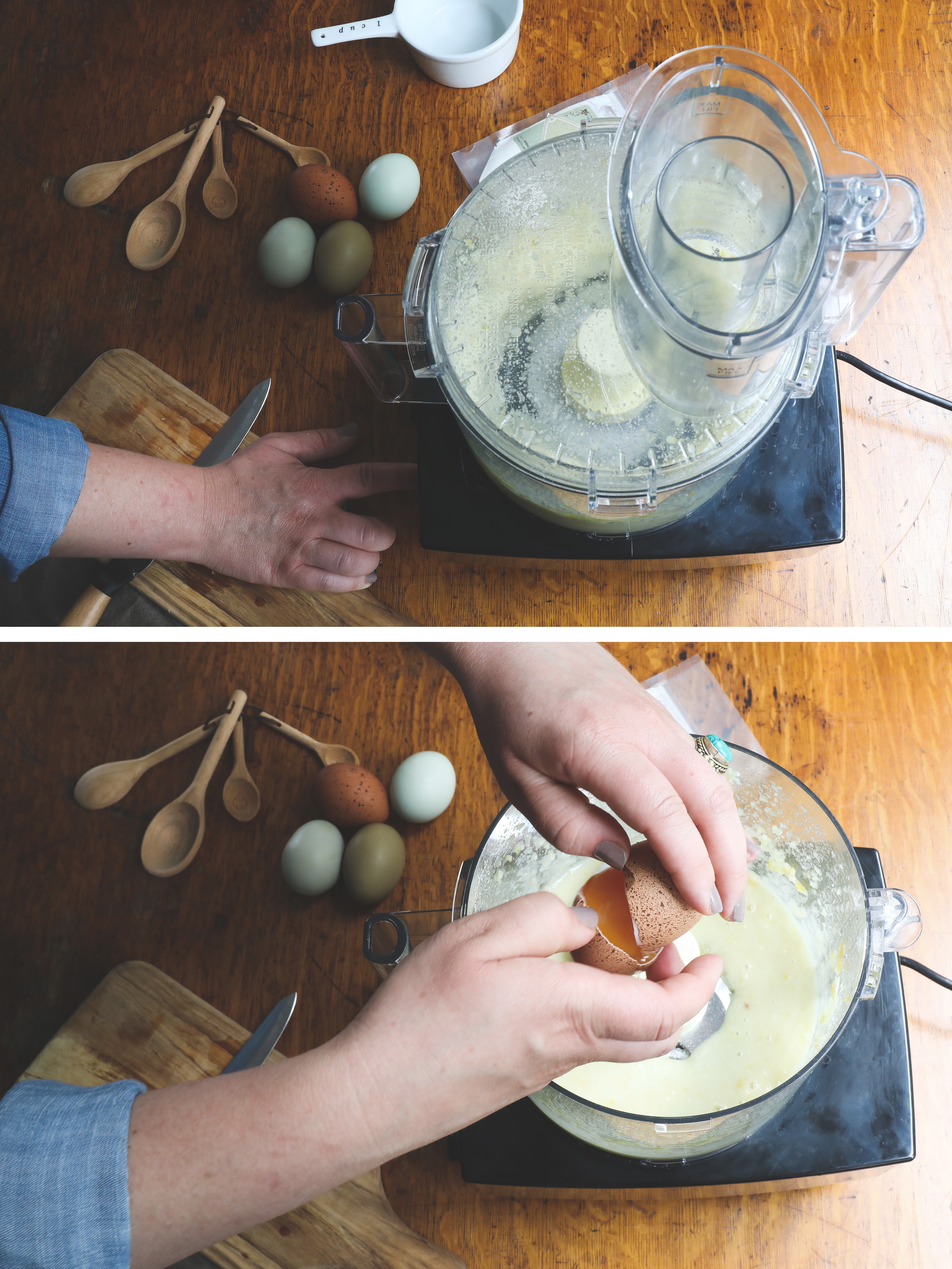 Hands cracking eggs into food processor to make lemon lavender thyme bars