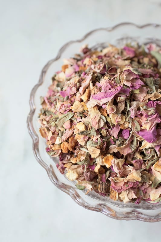 Loose-leaf love tea in a crystal bowl