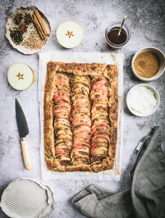 A rustic apple galette flavored with vanilla tea and spices like star anise and cinnamon. A French style pastry which is easy to make and perfect for fall. 