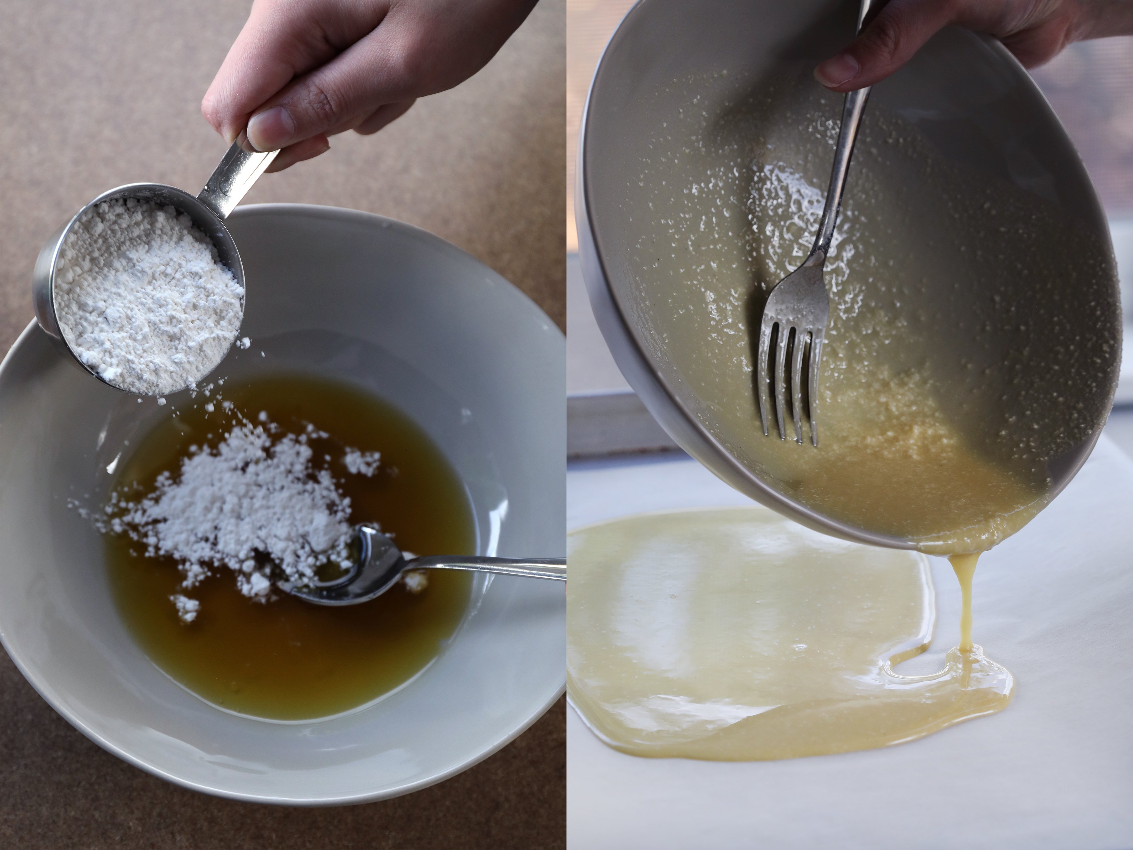 Two photos of hands pouring and sprinkling baking ingredients and mixtures
