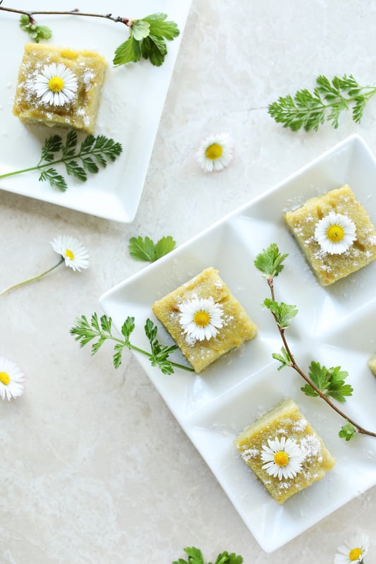 Peppermint matcha mochi squares are made in a traditional Hawaiian style called butter mochi, and is more like a fluffy cake than traditional Japanese mochi. Garnished with fresh flowers and dusted with powdered sugar. 