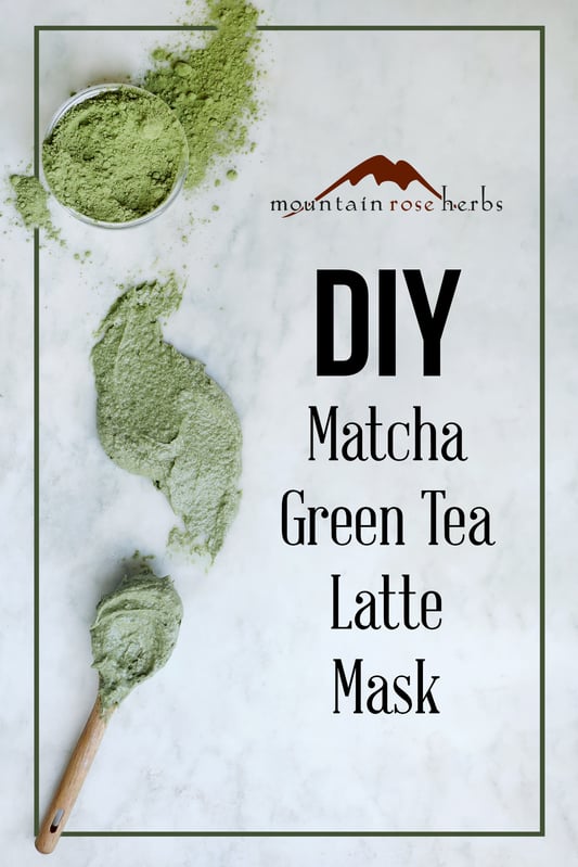 Pinterest link to Mountain Rose Herbs. Vibrant green matcha tea powder and a finished matcha tea face mask using kaolin clay and coconut oil. 